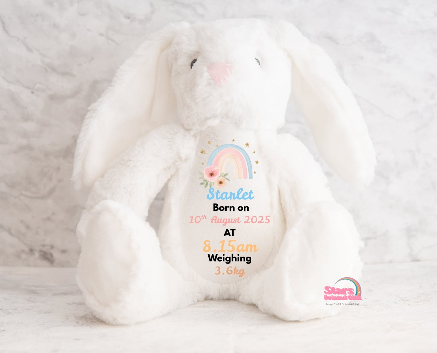 Personalised Birth Plush, Custom Printed Keepsake Elephant, Birth Stat Bunny