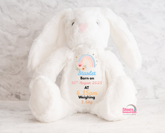 Personalised Birth Plush, Custom Printed Keepsake Elephant, Birth Stat Bunny
