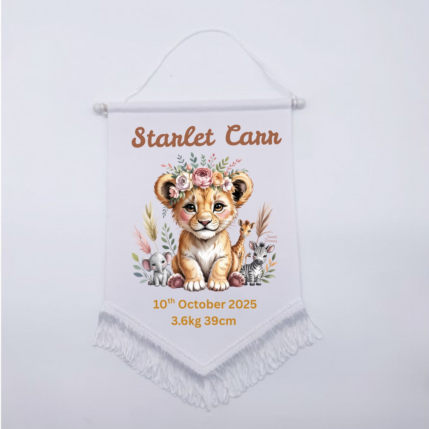 Personalised Baby Birth Stat Bunting Flag | Custom Name Nursery Decor | Newborn Wall Banner | Baby Shower Gift- Lioness