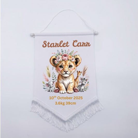 Personalised Baby Birth Stat Bunting Flag | Custom Name Nursery Decor | Newborn Wall Banner | Baby Shower Gift- Lioness