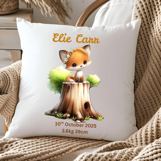 Personalised Baby Birth Stats Pillow Case with Insert | Newborn Keepsake Gift  | Nursery Decor Baby Pillow- Foxy