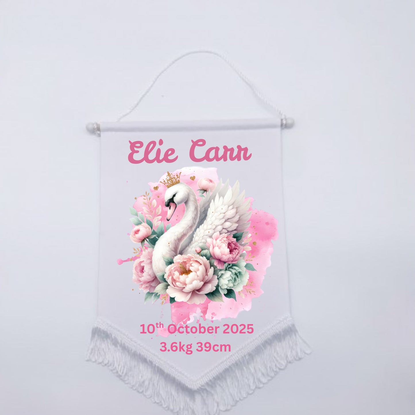 Personalised Baby Birth Stat Bunting Flag | Custom Name Nursery Decor | Newborn Wall Banner | Baby Shower Gift- Pretty Swan