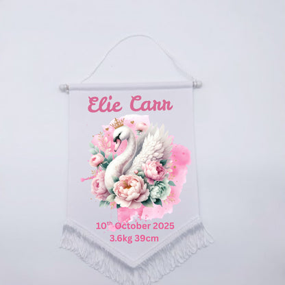 Personalised Baby Birth Stat Bunting Flag | Custom Name Nursery Decor | Newborn Wall Banner | Baby Shower Gift- Pretty Swan