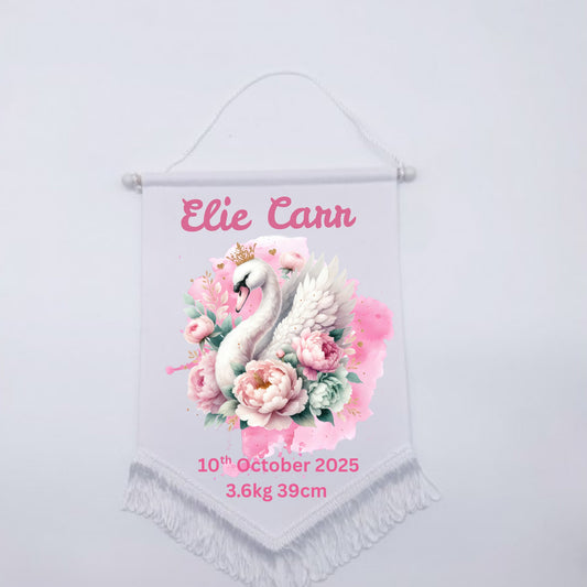Personalised Baby Birth Stat Bunting Flag | Custom Name Nursery Decor | Newborn Wall Banner | Baby Shower Gift- Pretty Swan