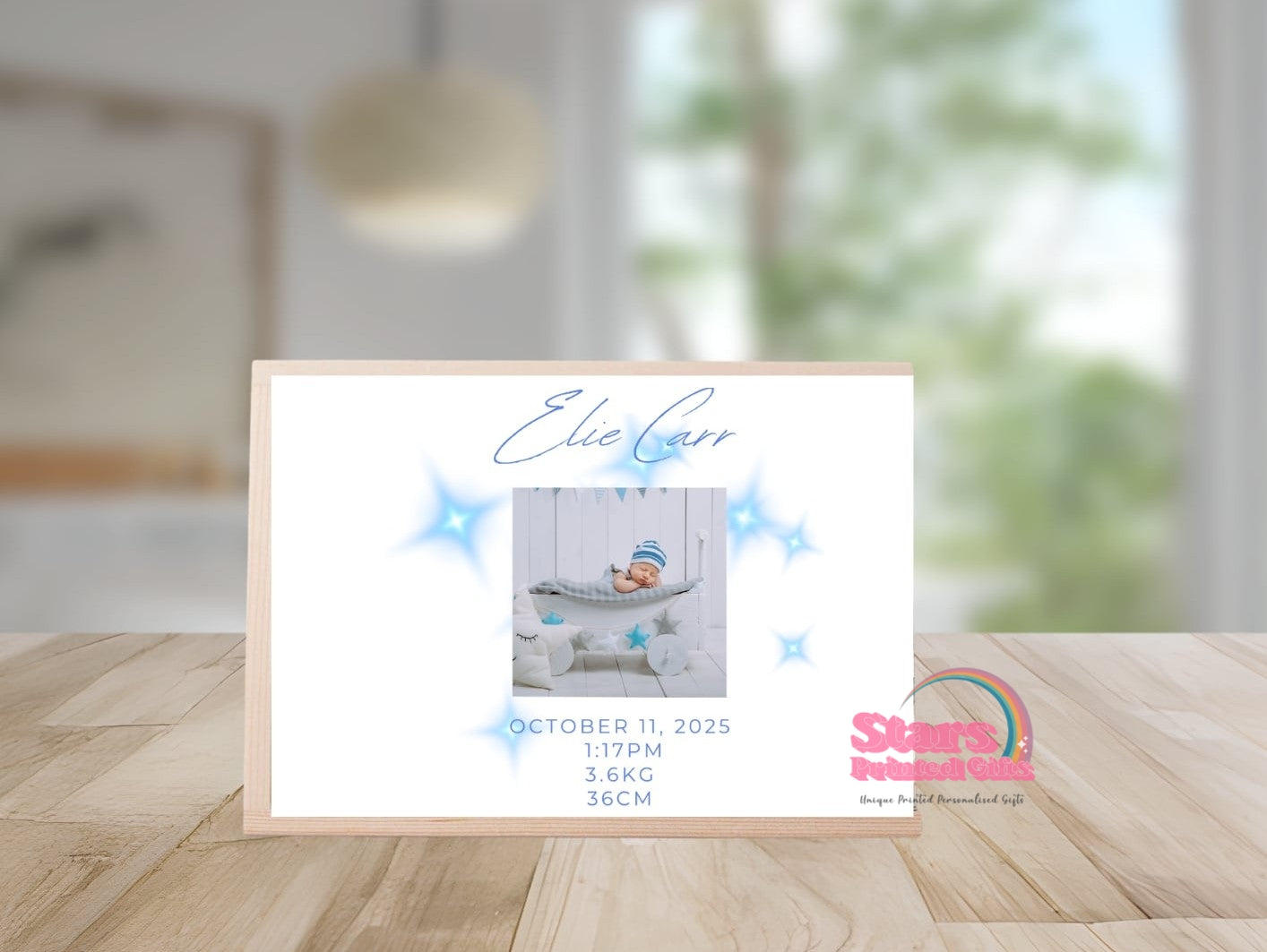 Personalised Wooden Mini Keepsake Box | Custom Name & Photo Trinket Box | Small Memory Box for Baby- Blue Stars