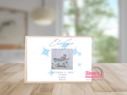 Personalised Wooden Mini Keepsake Box | Custom Name & Photo Trinket Box | Small Memory Box for Baby- Blue Stars