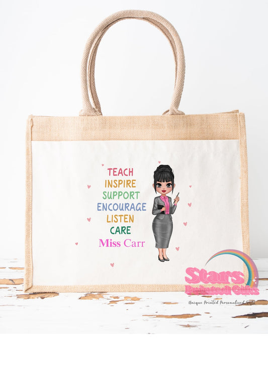 Personalised Jute Tote Bag | Eco Friendly Reusable Shopping Bag | Custom Name Gift for Teachers - Teach