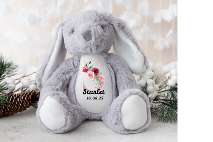 New Baby Gift, Pinky Red Floral  Personalised Plush Bunny, Personalised Keepsake Plush Bear, Baby Shower Gift.