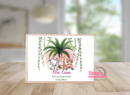 Personalised Wooden Mini Keepsake Box | Custom Name & Photo Trinket Box | Small Memory Box for Baby- Pink Safari