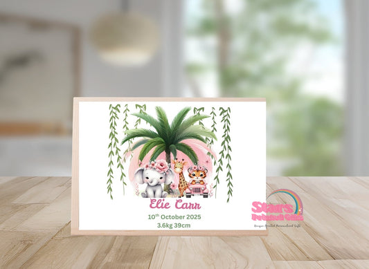 Personalised Wooden Mini Keepsake Box | Custom Name & Photo Trinket Box | Small Memory Box for Baby- Pink Safari