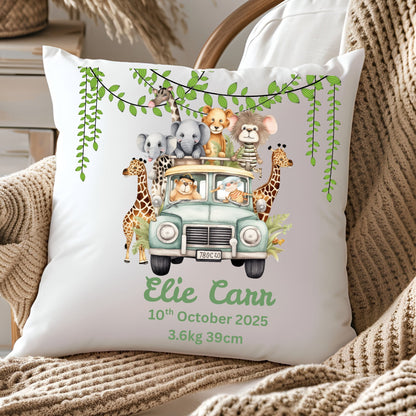 Personalised Baby Birth Stats Pillow Case with Insert | Newborn Keepsake Gift  | Nursery Decor Baby Pillow- Safari Car