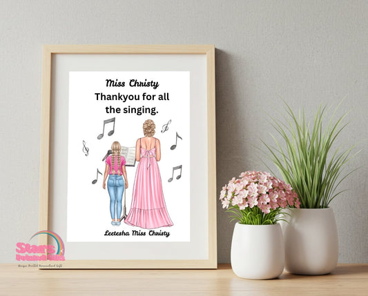 Personalised Teacher Artwork, Custom Teacher Portrait , For Music  Teacher, Digital Print, Printed or Framed Gift.