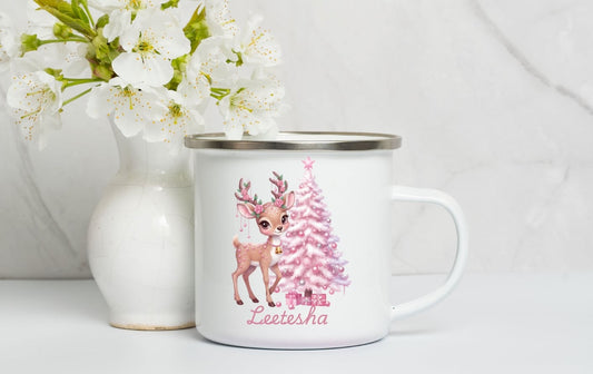 Personalised Enamel Mug ,Kids Christmas Mug, Christmas Eve Box Gift, 1st December Box Gift, Custom Camping Mug, Cup For Kids Pink Deer