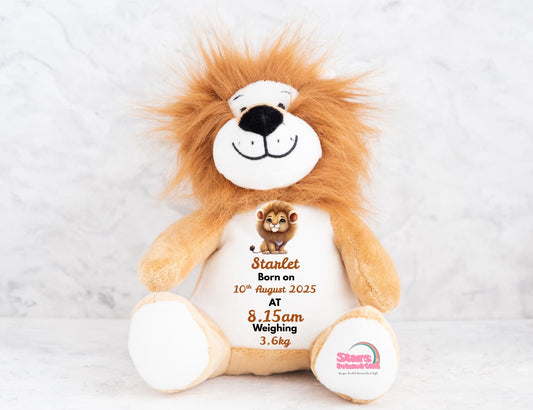 Personalised  Birth Stat  Plush , Custom Printed Keepsake Bear,  Baby Birth Boy Personalised Lion