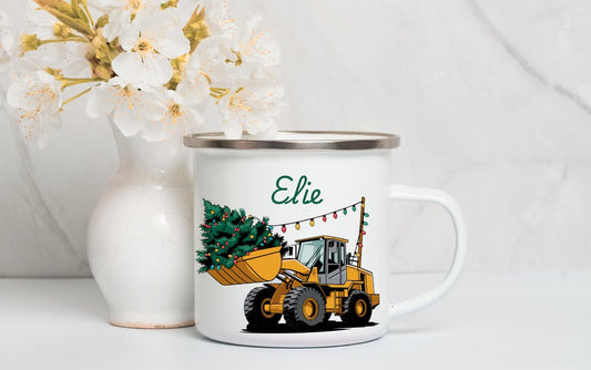 Personalised Enamel Mug ,Kids Christmas Mug, Christmas Eve Box Gift, 1st December Box Gift, Custom Camping Mug, Cup For Kids- Christmas Construction