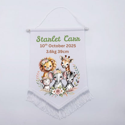 Personalised Baby Birth Stat Bunting Flag | Custom Name Nursery Decor | Newborn Wall Banner | Baby Shower Gift- Safari