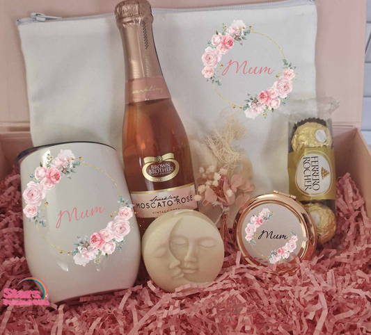 Mothers Day Gift Set , Personalised Pink Floral Wreath Small Gift Hamper With Wine, Gift For Her