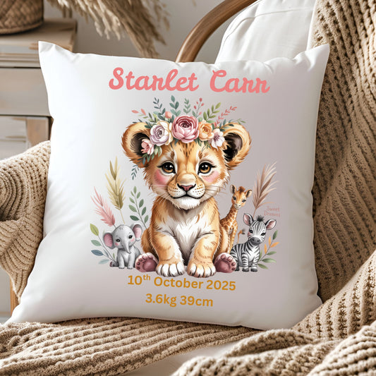 Personalised Baby Birth Stats Pillow Case with Insert | Newborn Keepsake Gift  | Nursery Decor Baby Pillow- Lioness