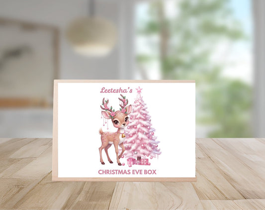 Christmas Eve Personalised Wooden Box With Sliding Lid, Two Sizes,  1st December Custom  Box- Pink Reindeer