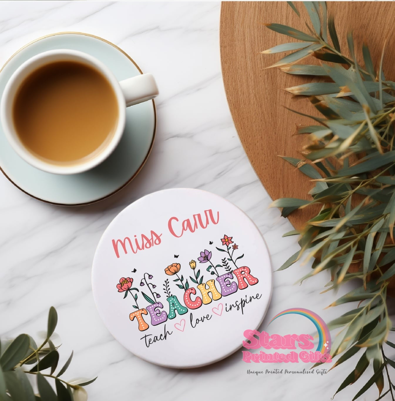 Personalised Teacher Ceramic Coaster – Teacher  | Custom Name Gift for Teachers, End of Year Gift, Desk Decor - Teach Love Inspire