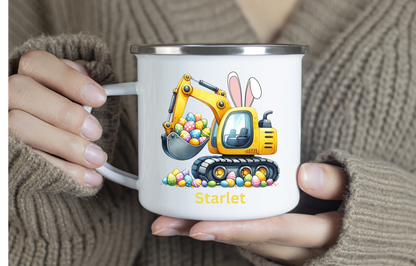 Easter Construction Bunny Personalised Enamel Mug, Easter Gift.