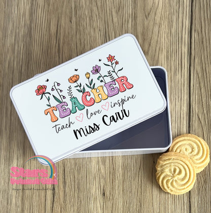 Personalised Teacher Metal Tin Box | Custom Rectangle Pencil Tin for Stickers, Pens & Pencils | Stationery Storage Box |Teach Love Inspire