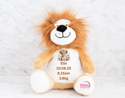 Personalised  Birth Stat  Plush , Custom Printed Keepsake Bear,  Baby Birth Girl Personalised Lion