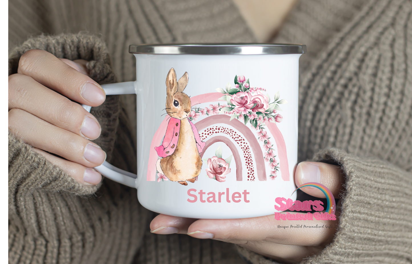Personalised Rainbow Bunny Enamel Mug, Easter Gift