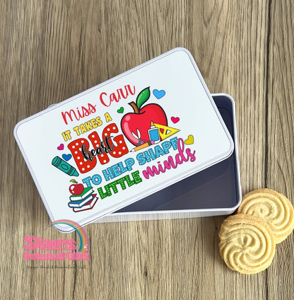 Personalised Teacher Metal Tin Box | Custom Rectangle Pencil Tin for Stickers, Pens & Pencils | Stationery Storage Box- Big Heart