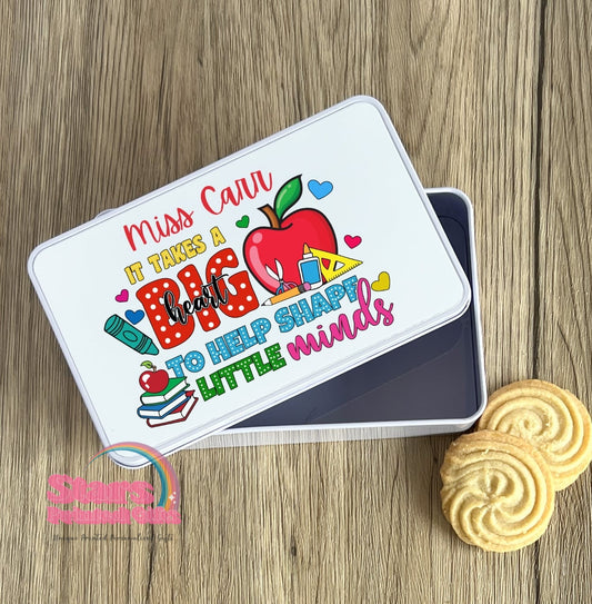 Personalised Teacher Metal Tin Box | Custom Rectangle Pencil Tin for Stickers, Pens & Pencils | Stationery Storage Box- Big Heart