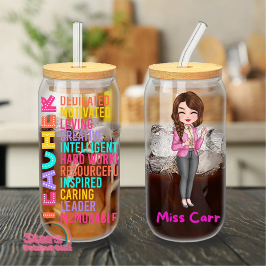 Personalised Teacher Libby Glass | Custom Iced Coffee Cup with Bamboo Lid & Straw | End of Year Teacher Gift , Custom Teacher Gift- Teacher