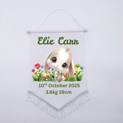 Personalised Baby Birth Stat Bunting Flag | Custom Name Nursery Decor | Newborn Wall Banner | Baby Shower Gift- Bunny Garden