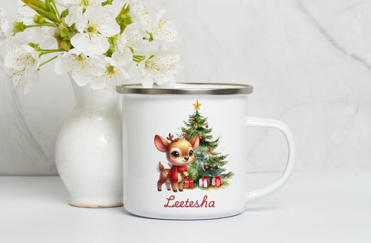 Personalised Enamel Mug ,Kids Christmas Mug, Christmas Eve Box Gift, 1st December Box Gift, Custom Camping Mug, Cup For Kids- Christmas Reindeer