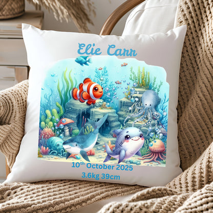 Personalised Baby Birth Stats Pillow Case with Insert | Newborn Keepsake Gift  | Nursery Decor Baby Pillow- Under The Sea