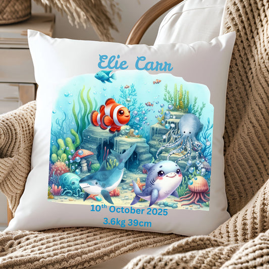 Personalised Baby Birth Stats Pillow Case with Insert | Newborn Keepsake Gift  | Nursery Decor Baby Pillow- Under The Sea