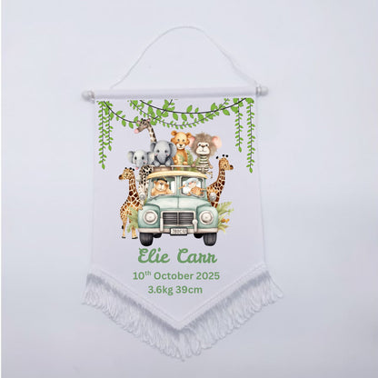 Personalised Baby Birth Stat Bunting Flag | Custom Name Nursery Decor | Newborn Wall Banner | Baby Shower Gift- Safari Car