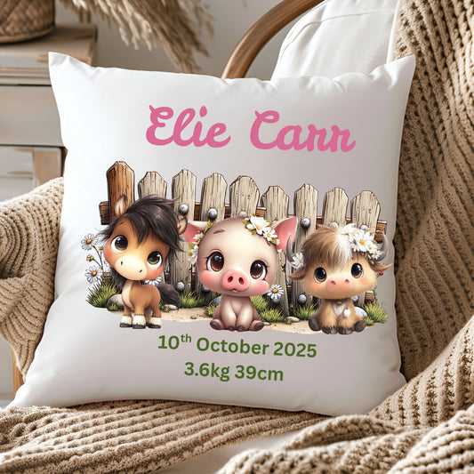 Personalised Baby Birth Stats Pillow Case with Insert | Newborn Keepsake Gift  | Nursery Decor Baby Pillow- Floral Farm