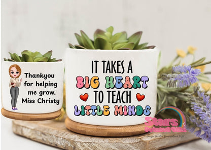 Teacher Personalised Succulent Planter Pot, Custom Classroom Gift, Thank You Teacher Gift, End of Year Appreciation Plant Pot - Big Heart