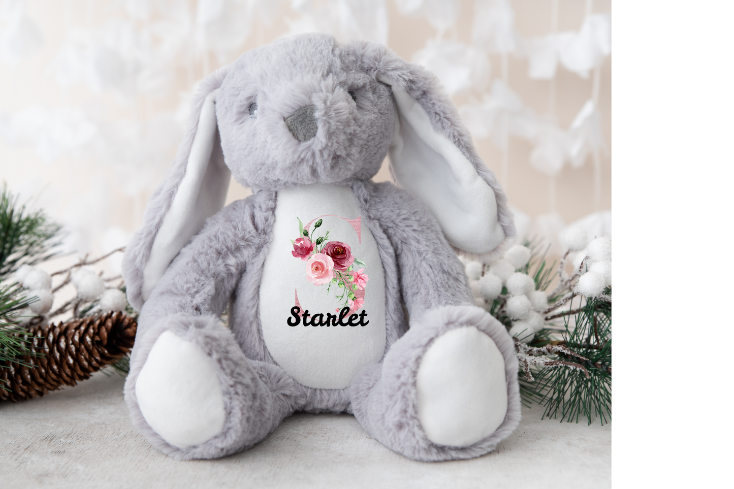 New Baby Gift, Pinky Red Floral  Personalised Plush Bunny, Personalised Keepsake Plush Bear, Baby Shower Gift.