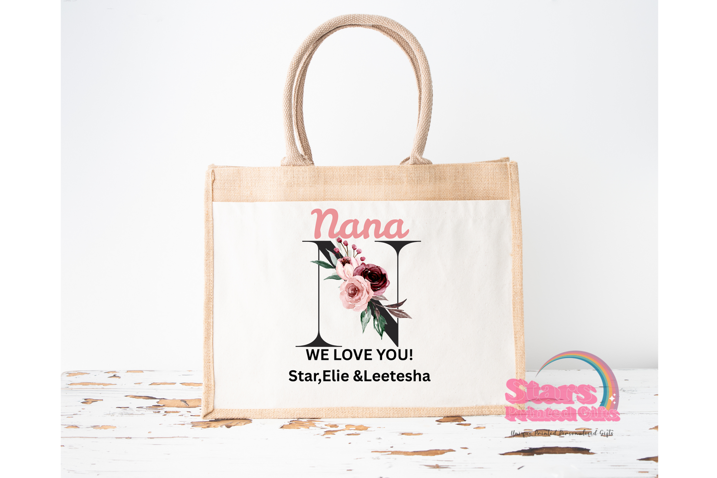 Mother's Day Gift, Personalised Jute Tote Bag,  Grandma/ Nana / Mum We Love you Bag.