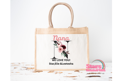 Mother's Day Gift, Personalised Jute Tote Bag,  Grandma/ Nana / Mum We Love you Bag.