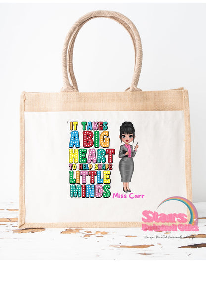 Personalised Jute Tote Bag | Eco Friendly Reusable Shopping Bag | Custom Name Gift for Teachers - Big Heart