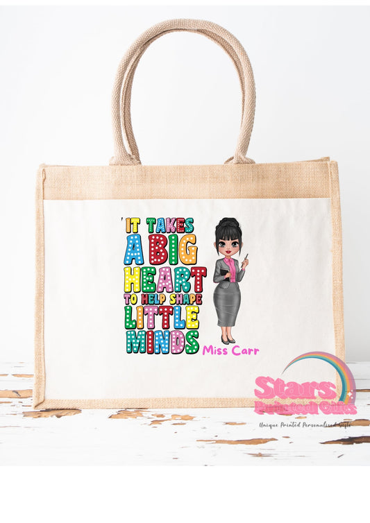 Personalised Jute Tote Bag | Eco Friendly Reusable Shopping Bag | Custom Name Gift for Teachers - Big Heart