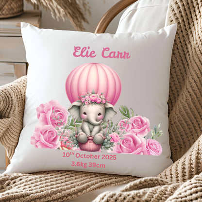 Personalised Baby Birth Stats Pillow Case with Insert | Newborn Keepsake Gift  | Nursery Decor Baby Pillow- Pink Elephant