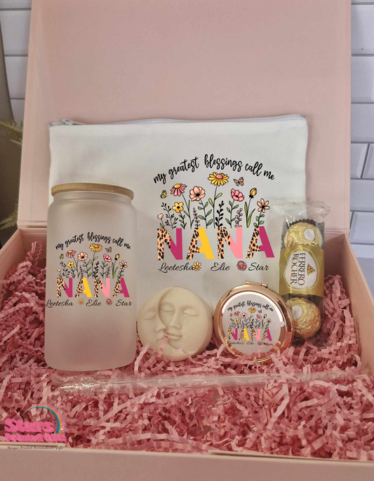 Gift Hamper For Nana, Personalised Gift Set With Libby Glass, Gift For Nana