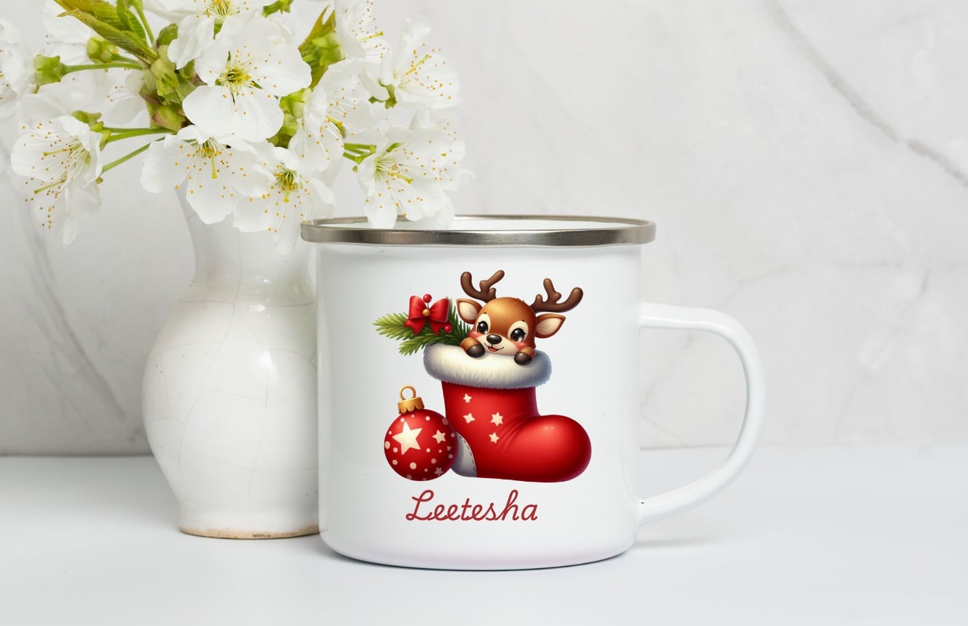 Personalised Enamel Mug ,Kids Christmas Mug, Christmas Eve Box Gift, 1st December Box Gift, Custom Camping Mug, Cup For Kids- Christmas Stocking