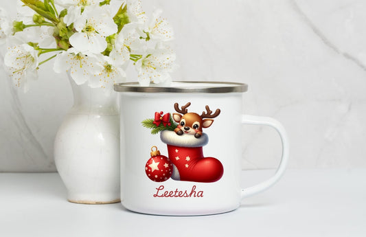 Personalised Enamel Mug ,Kids Christmas Mug, Christmas Eve Box Gift, 1st December Box Gift, Custom Camping Mug, Cup For Kids- Christmas Stocking