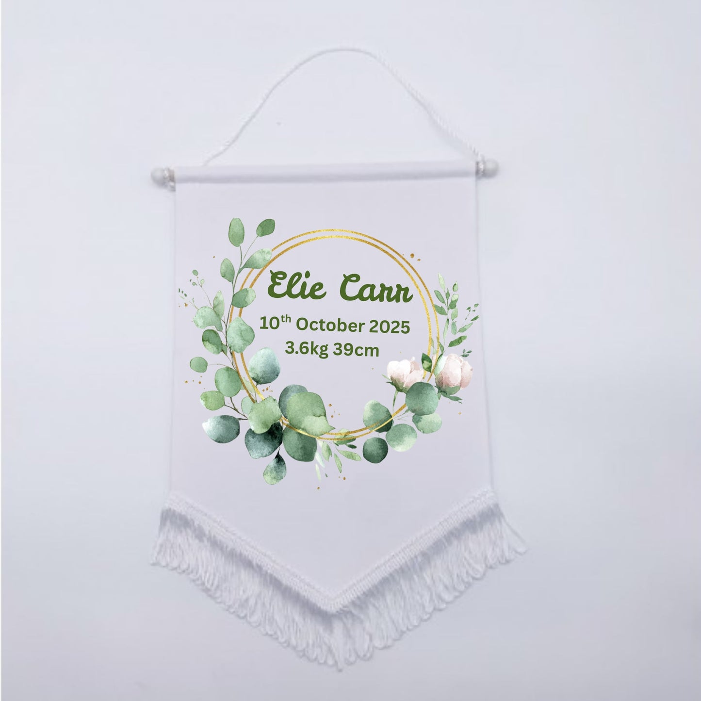 Personalised Baby Birth Stat Bunting Flag | Custom Name Nursery Decor | Newborn Wall Banner | Baby Shower Gift- Greenery