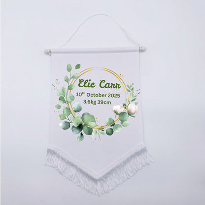 Personalised Baby Birth Stat Bunting Flag | Custom Name Nursery Decor | Newborn Wall Banner | Baby Shower Gift- Greenery