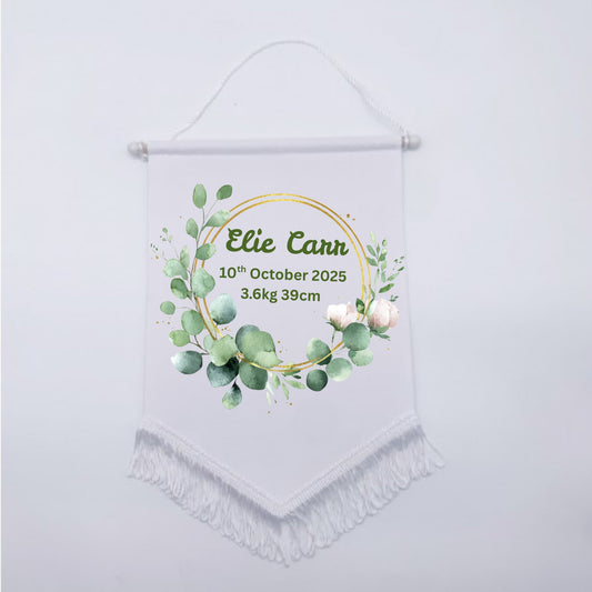 Personalised Baby Birth Stat Bunting Flag | Custom Name Nursery Decor | Newborn Wall Banner | Baby Shower Gift- Greenery